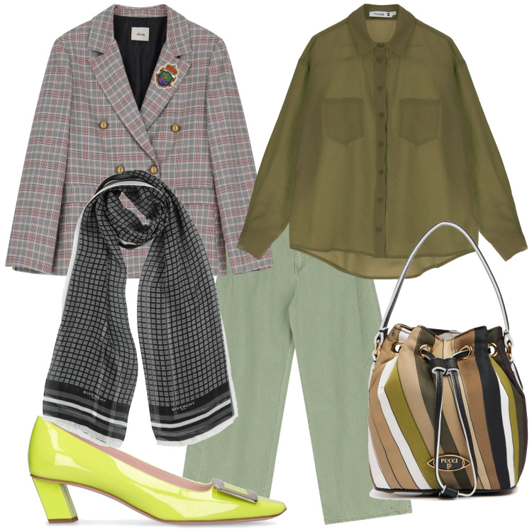 Outfit donna - Meeting di lavoro. Stile Urban per Ufficio. Abbinamento con sciarpe, pantaloni a palazzo, camicie, blazer, borse a mano, décolleté.
