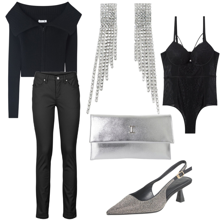 Outfit donna - Brillante serata aperitivo. Stile Glamour per Serata fuori. Abbinamento con jeans skinny, maglieria, body, décolleté, pochette, orecchini.