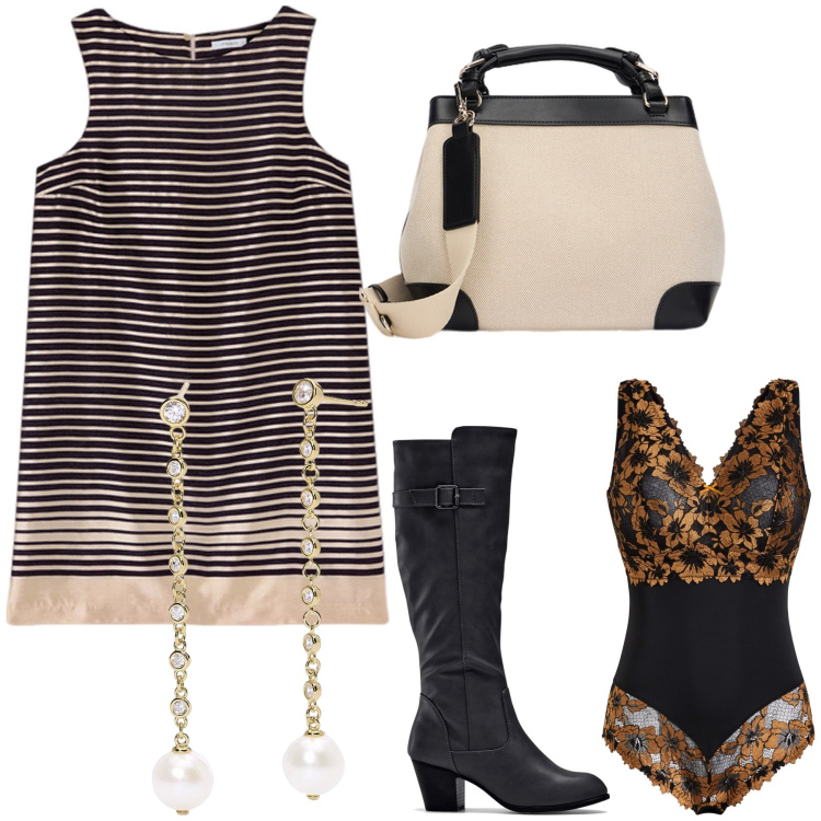 Outfit donna - Abito mini per il ristorante. Stile Urban per Serata fuori. Abbinamento con body, stivali, orecchini, borse a mano, vestiti a tubino.