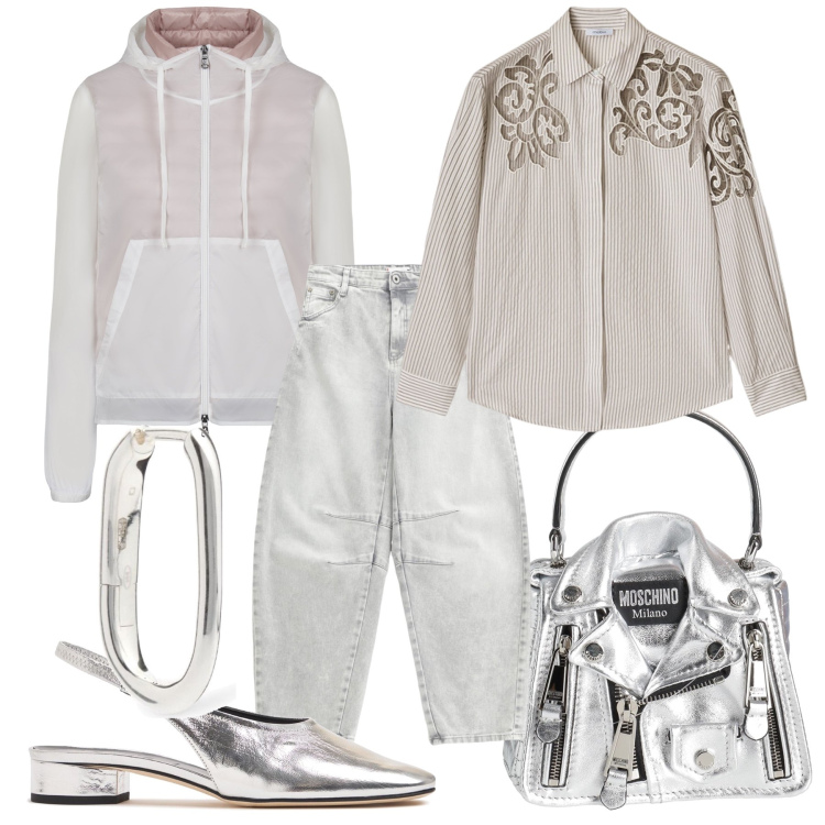 Outfit donna - All silver with Moschino biker bag. Stile Glamour per Serata fuori. Abbinamento con borse a mano, jeans dritti, blazer, camicie, orecchini, scarpe col tacco.