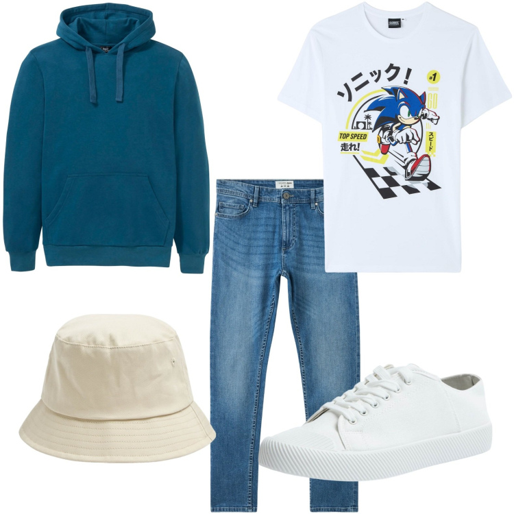 Outfit uomo - Weekend in relax. Stile Casual per Tutti i giorni. Abbinamento con felpe con cappuccio, t-shirt, cappelli, jeans skinny, sneakers.