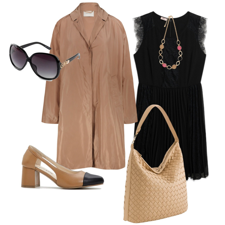 Outfit donna - in città. Stile Urban per Ufficio. Abbinamento con occhiali da sole, décolleté, collane, trench, vestiti corti, borse a tracolla.