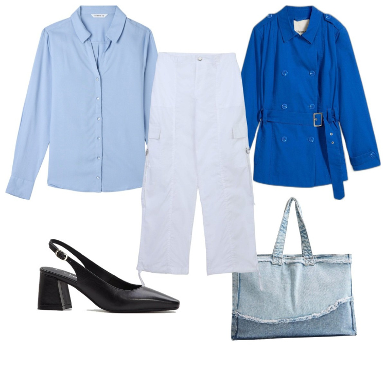 Outfit donna - Total look #2109389. Stile Trendy per Tutti i giorni. Abbinamento con trench, décolleté, pantaloni cargo, camicie, shopping bag.