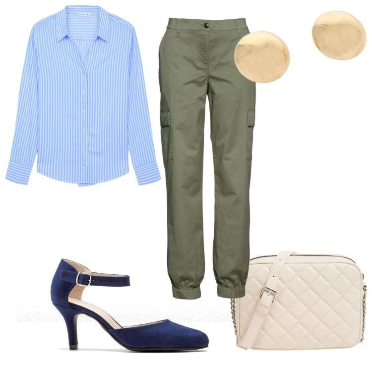 Outfit donna - Total look #2109393. Stile Trendy per Tutti i giorni. Abbinamento con pantaloni cargo, décolleté, camicie, borse a tracolla, orecchini.