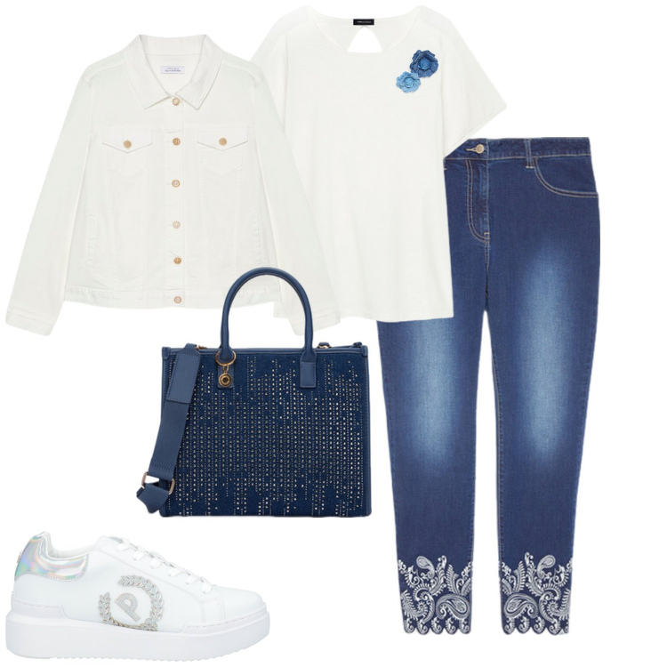 Outfit donna - City. Stile Casual chic per Tutti i giorni. Abbinamento con sneakers, jeans skinny, t-shirt, blazer, borse a mano.