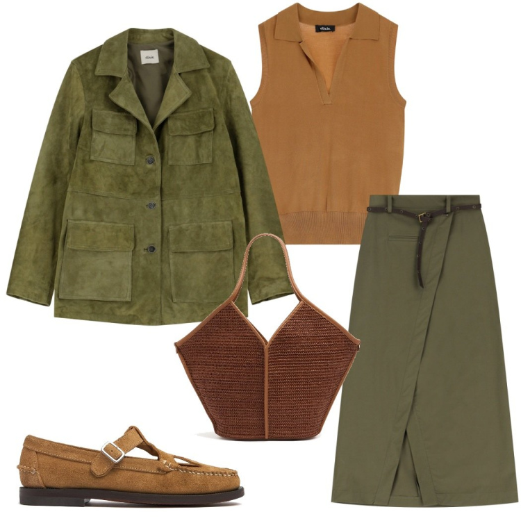 Outfit donna - Casual chic in primavera. Stile Casual chic per Ufficio. Abbinamento con maglieria, giacche, gonne lunghe, mocassini, shopping bag.