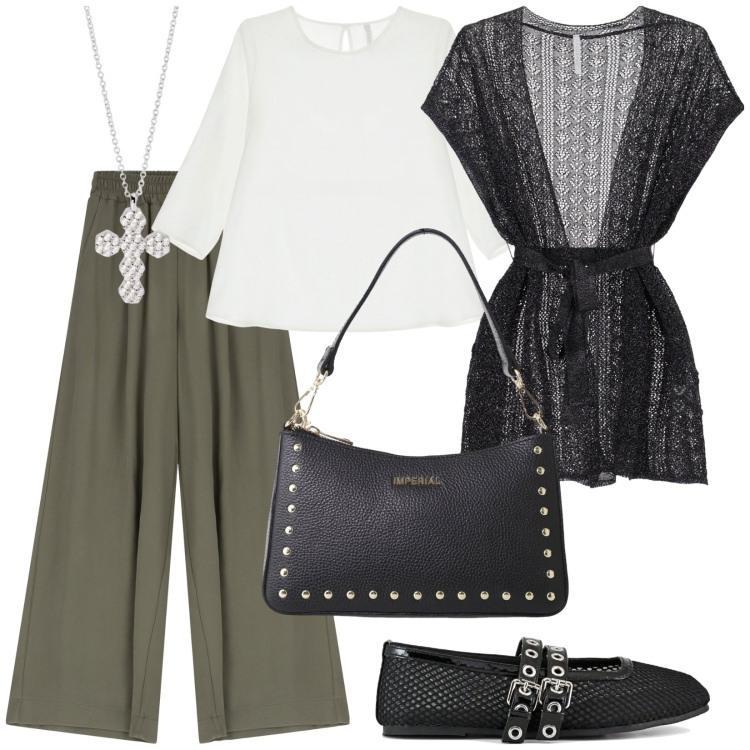 Outfit donna - Urban Edge. Stile Casual chic per Ufficio. Abbinamento con ciondoli, cappotti, pantaloni, borse a spalla, bluse, ballerine.