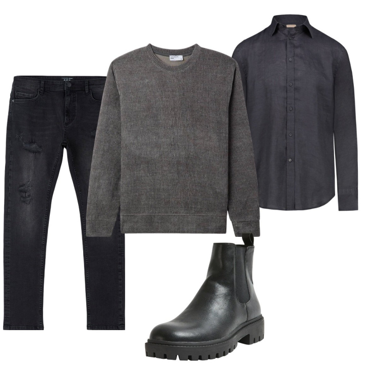 Outfit uomo - Total look #2109406. Stile Urban per Tutti i giorni. Abbinamento con jeans strappati, stivali e stivaletti, pullovers, camicie.