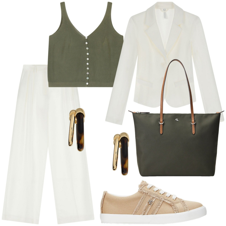 Outfit donna - Total look #2109408. Stile Casual chic per Ufficio. Abbinamento con pantaloni, top, blazer, borse tote, orecchini, sneakers.