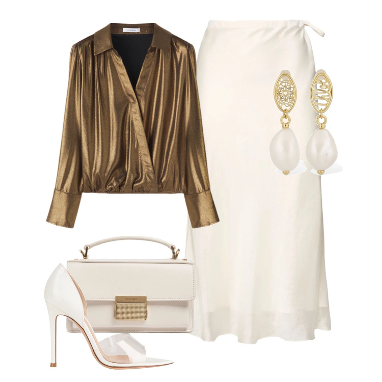 Outfit donna - Cena a due…. Stile Chic per Serata fuori. Abbinamento con décolleté, orecchini, borse a mano, camicie, gonne lunghe.