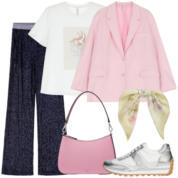 Outfit donna - Trendy foulard. Stile Casual chic per Ufficio. Abbinamento con pantaloni a palazzo, t-shirt, blazer, sneakers, foulard, borse a spalla.