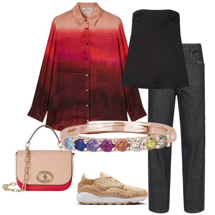 Outfit donna - Tramonto indosso. Stile Romantica per Tutti i giorni. Abbinamento con anelli, top, pantaloni, sneakers, camicie, borse a tracolla.