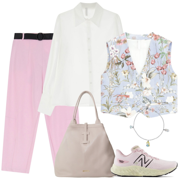 Outfit donna - Il gilet a fiori. Stile Casual per Ufficio. Abbinamento con braccialetti con ciondoli, sneakers, pantaloni, borse tote, gilet, camicie.