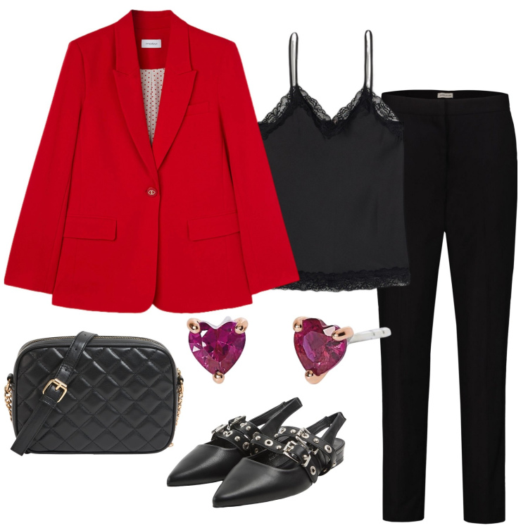 Outfit donna - Sfavillante in rosso. Stile Bon Ton per Ufficio. Abbinamento con borse a tracolla, sabot, orecchini, pantaloni, blazer, top.