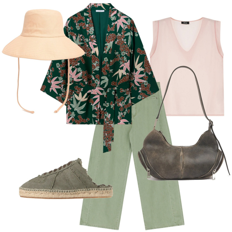 Outfit donna - Total look #2109422. Stile Etnico per Tutti i giorni. Abbinamento con espadrillas, pantaloni a palazzo, top, kimono, cappelli, borse a spalla.