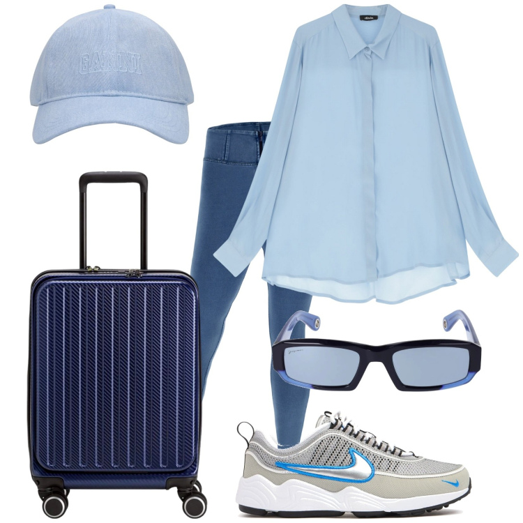 Outfit donna - Cielo azzurro. Stile Trendy per Tutti i giorni. Abbinamento con jeggings, camicie, occhiali da sole, cappelli, sneakers, valigie.