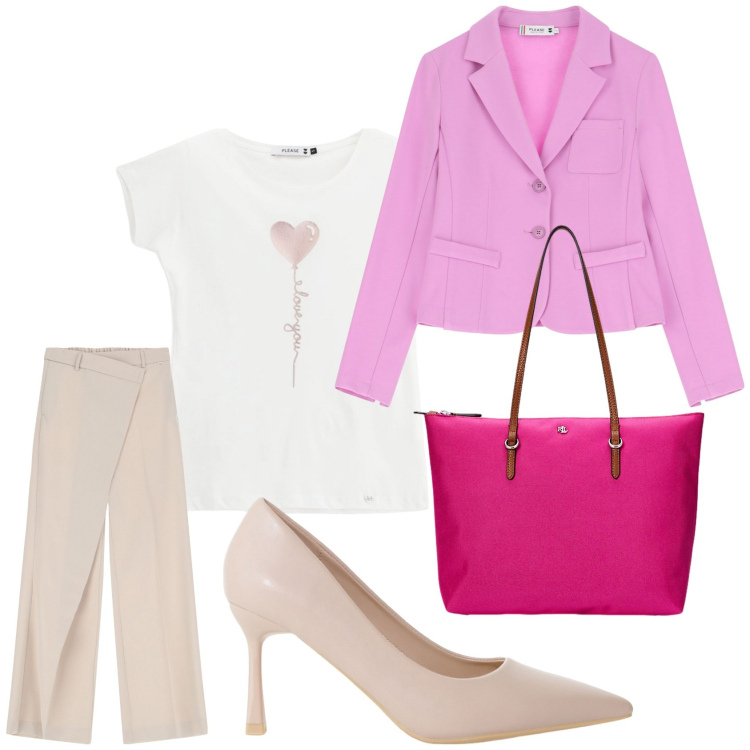 Outfit donna - Total look #2109440. Stile Casual chic per Cerimonia. Abbinamento con pantaloni, t-shirt, blazer, décolleté, borse tote.