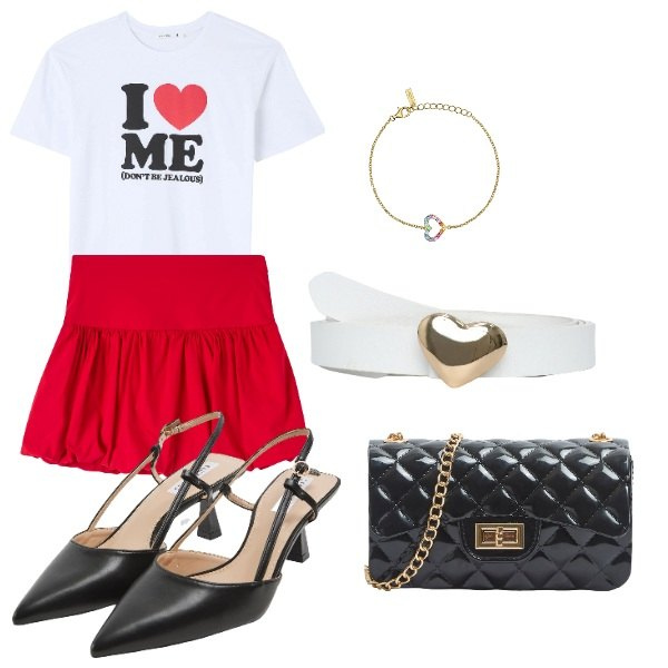 Outfit donna - Terranova I love me. Stile Trendy per Tutti i giorni. Abbinamento con t-shirt, borse a tracolla, sabot, minigonne, cinture, braccialetti.