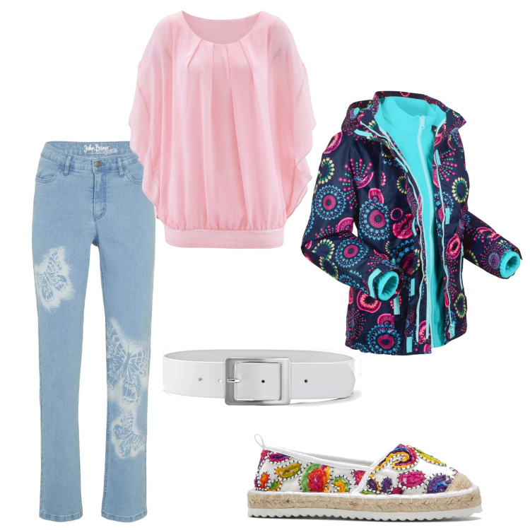 Outfit donna - Fantasia. Stile Basic per Tutti i giorni. Abbinamento con bluse, espadrillas, cinture, blazer, jeans dritti.