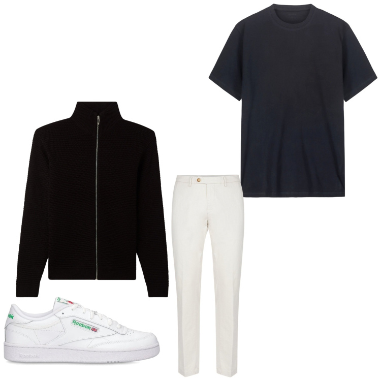 Outfit uomo - Black and white. Stile Casual per Tutti i giorni. Abbinamento con cardigans, pantaloni chino, t-shirt, sneakers.