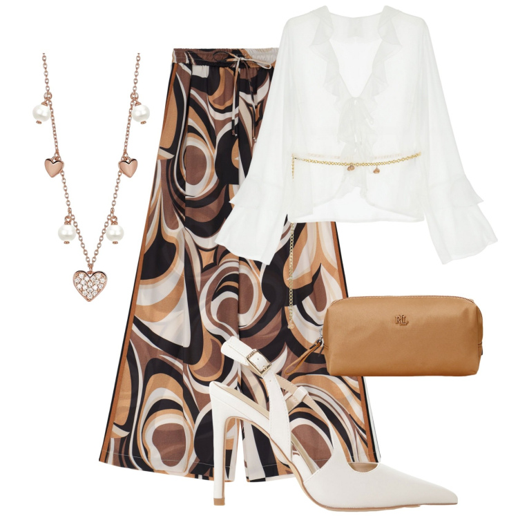 Outfit donna - Collezione Party by Please. Stile Glamour per Serata fuori. Abbinamento con collane, pantaloni, bluse, décolleté, pochette.
