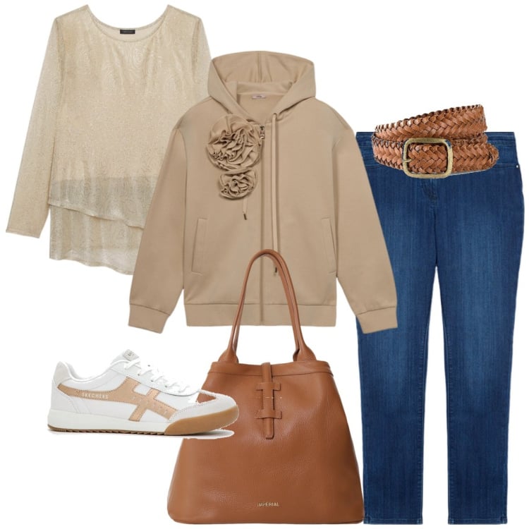 Outfit donna - Sporty-chic. Stile Sporty chic per Tutti i giorni. Abbinamento con cinture, sneakers, borse tote, t-shirt, jeans skinny, felpe con cappuccio.
