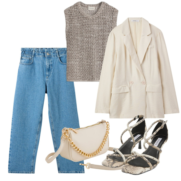Outfit donna - Springtime. Stile Casual chic per Tutti i giorni. Abbinamento con top, sandali col tacco, blazer, jeans, borse a tracolla.