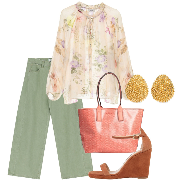 Outfit donna - Aprile. Stile Romantica per Tutti i giorni. Abbinamento con borse a mano, sandali in pelle, pantaloni a palazzo, camicie, orecchini.