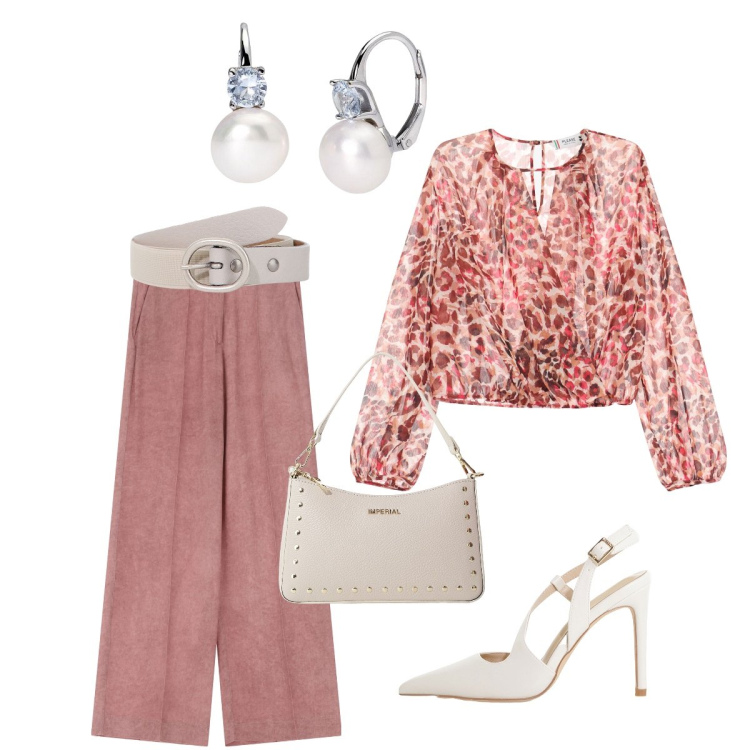 Outfit donna - Colori pastello. Stile Chic per Cerimonia. Abbinamento con orecchini, pantaloni a palazzo, bluse, décolleté, borse a spalla, cinture.
