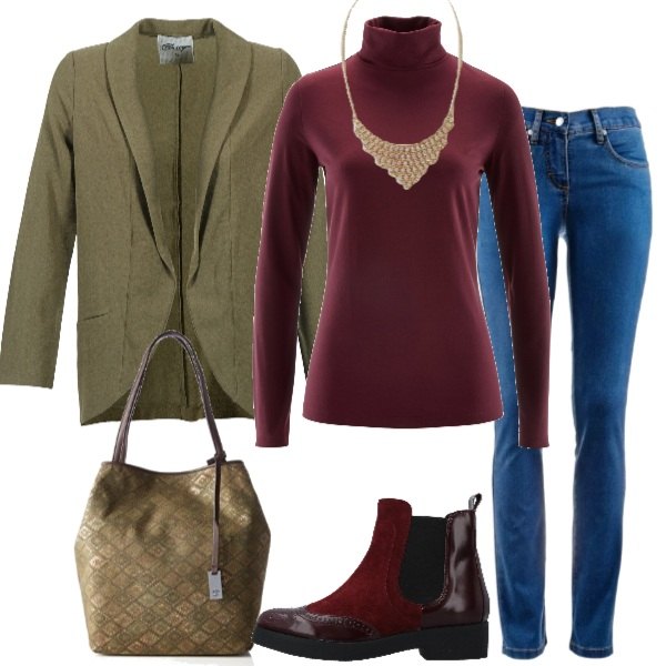Outfit donna - Basic #19658. Stile Basic per Tutti i giorni. Abbinamento con jeans dritti, maglieria, stivaletti chelsea, giacca verde, borsa a spalla in denim kaki, collana con ciondolo fantasia floreale con perline in seta con strass e catenina oro.