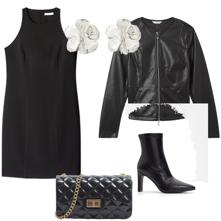 Outfit donna - Un po’ di Coco con orecchini camelia. Stile Chic per Serata fuori. Abbinamento con stivaletti, blazer, borse a tracolla, orecchini, vestiti corti.