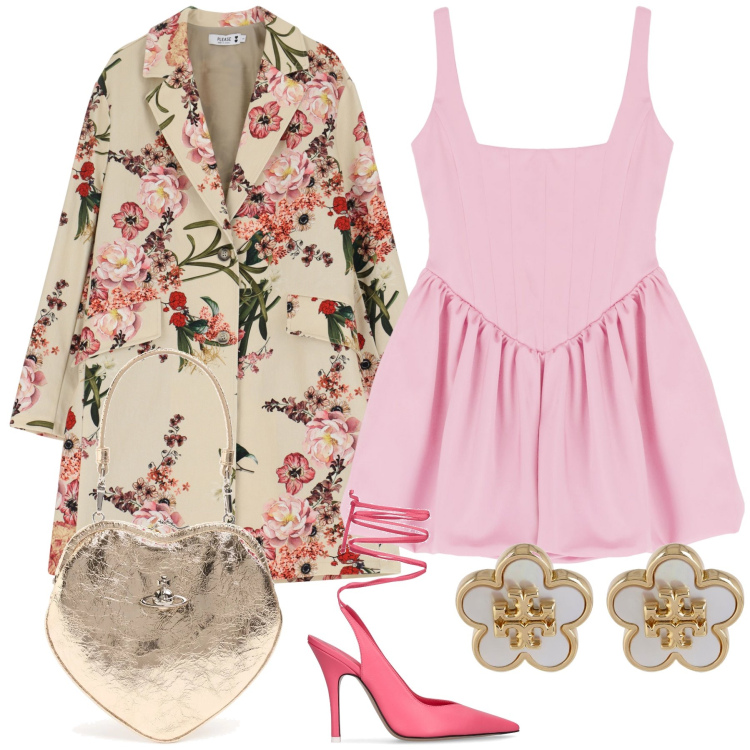 Outfit donna - Fiori cuore e tacchi a spillo. Stile Glamour per Cerimonia. Abbinamento con trench, vestiti corti, orecchini, décolleté, pochette.