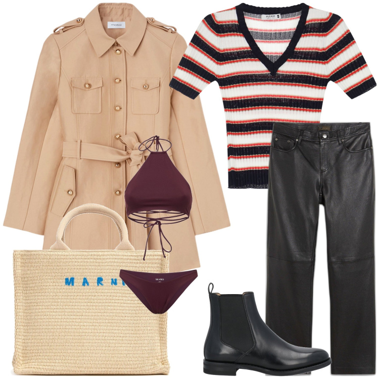 Outfit donna - Quando piove al mare. Stile Trendy per Mare. Abbinamento con pantaloni, stivaletti chelsea, maglieria, shopping bag, trench, bikini.