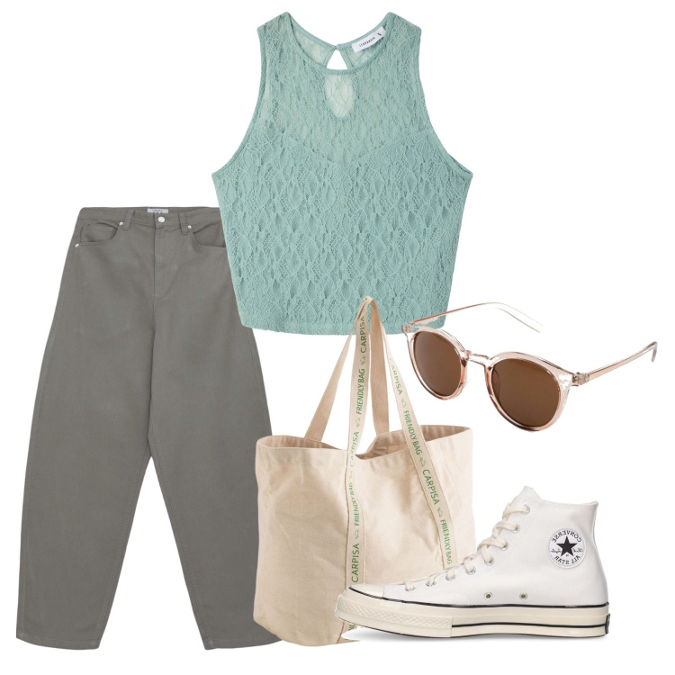Outfit donna - Aprile. Stile Basic per Tutti i giorni. Abbinamento con occhiali da sole, top, pantaloni, shopping bag, sneakers.