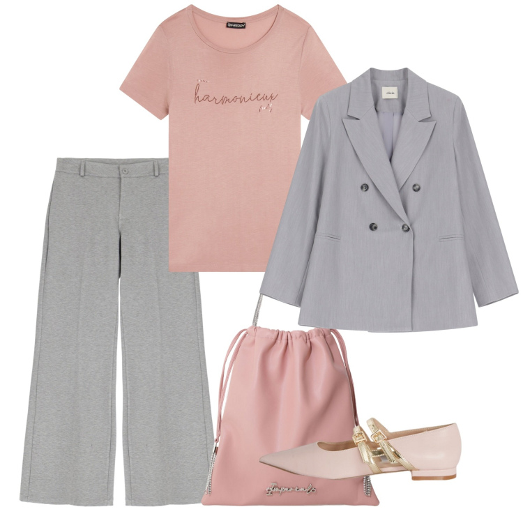 Outfit donna - Aprile. Stile Bon Ton per Ufficio. Abbinamento con pantaloni a palazzo, borse a secchiello, t-shirt, blazer, ballerine.