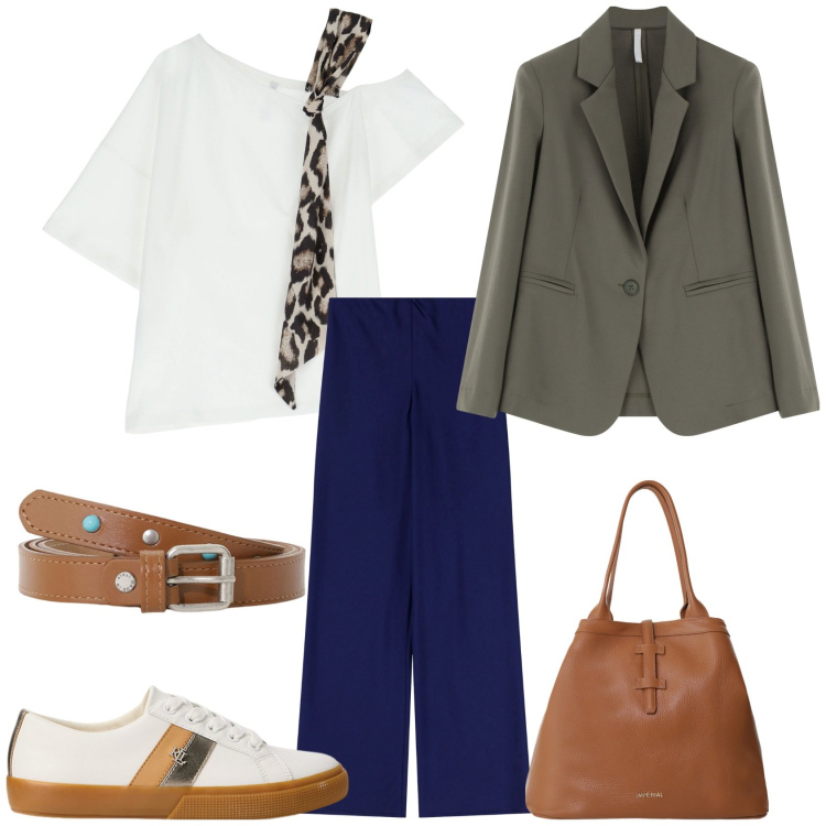 Outfit donna - Total look #2109512. Stile Urban per Ufficio. Abbinamento con pantaloni, t-shirt, blazer, borse tote, cinture, sneakers.