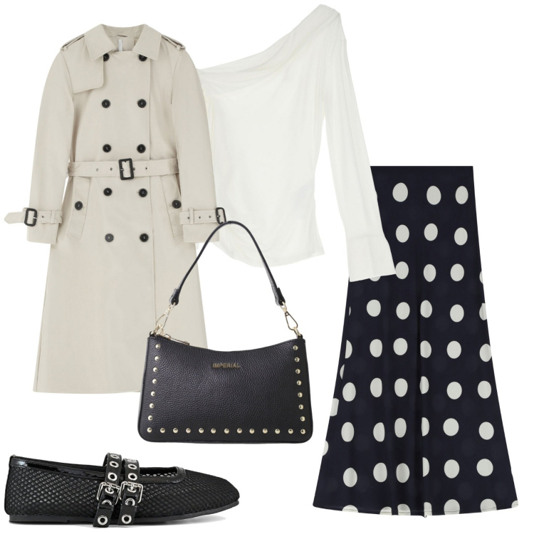 Outfit donna - Total look #2109513. Stile Urban per Ufficio. Abbinamento con maglieria, gonne lunghe, trench, borse a spalla, ballerine.