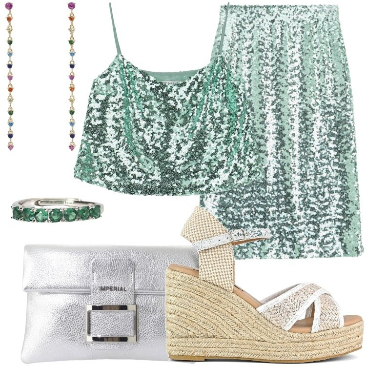Outfit donna - La luce della sera. Stile Glamour per Serata fuori. Abbinamento con anelli, orecchini, gonne longuette, top, pochette, zeppe.