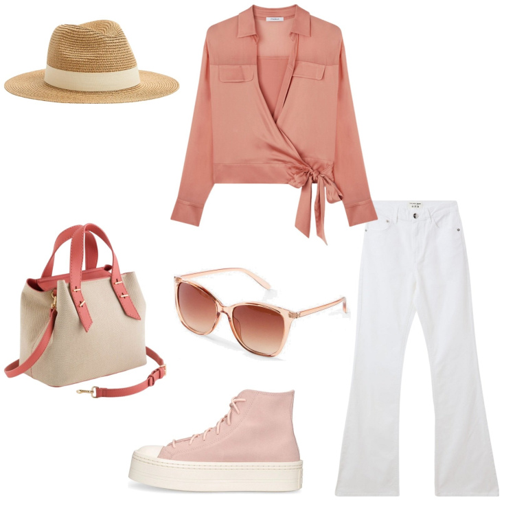 Outfit donna - Voglia di rosa. Stile Casual chic per Tutti i giorni. Abbinamento con occhiali da sole, jeans a zampa, cappelli, borse a mano, sneakers, camicie.