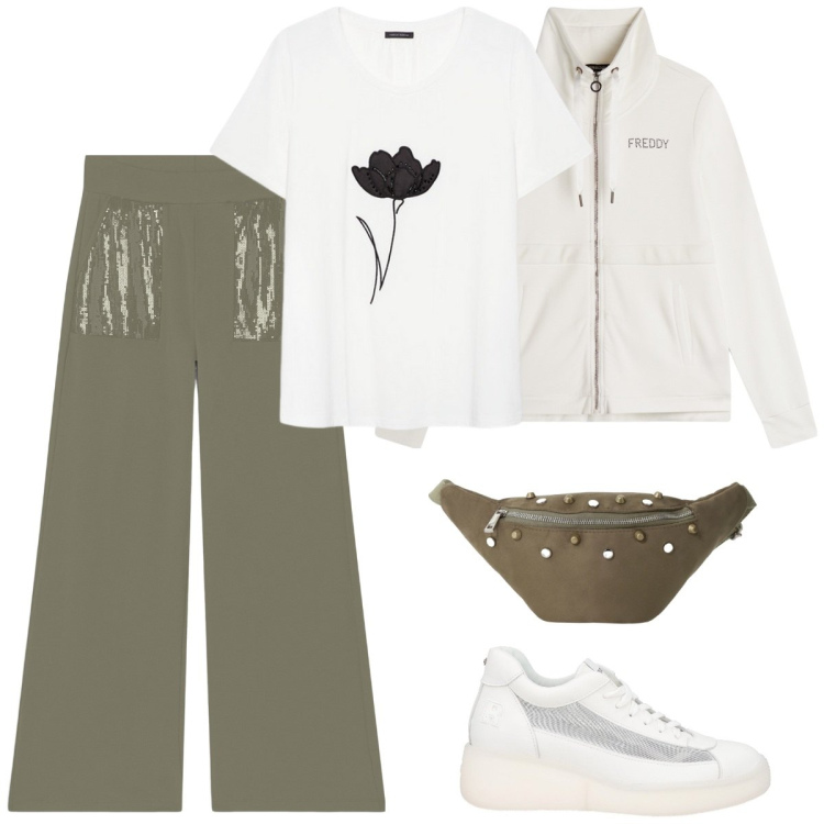 Outfit donna - Total look #2109543. Stile Sporty chic per Sport. Abbinamento con sneakers, felpe, pantaloni, marsupi, t-shirt.