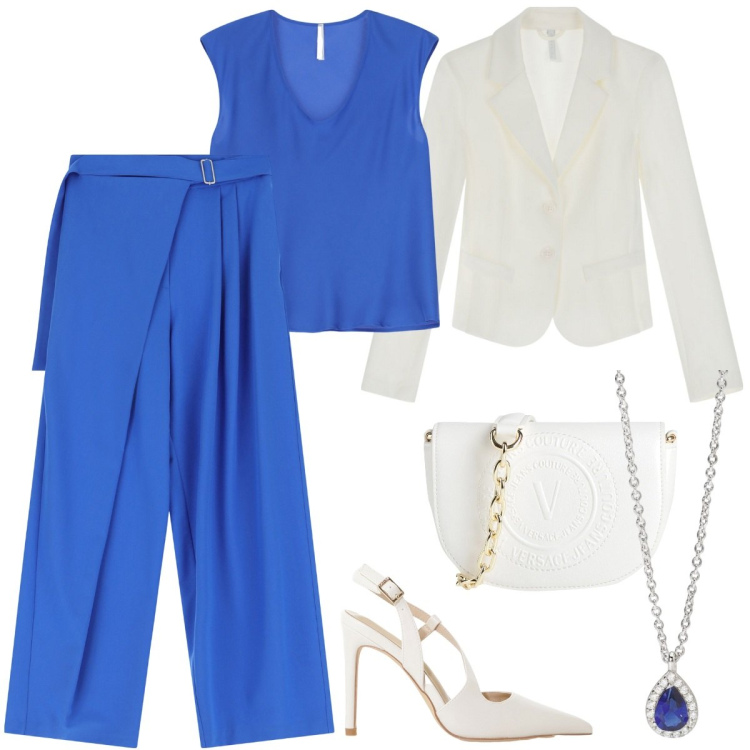 Outfit donna - Total look #2109546. Stile Chic per Cerimonia. Abbinamento con borse a tracolla, collane, pantaloni a palazzo, décolleté, top, blazer.