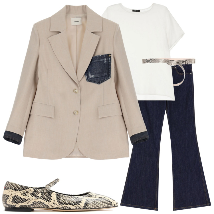 Outfit donna - In ufficio. Stile Casual chic per Ufficio. Abbinamento con cinture, jeans a zampa, blazer, t-shirt, ballerine.