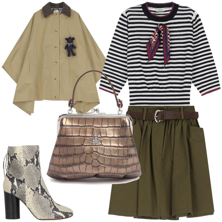 Outfit donna - Look super mix. Stile Trendy per Tutti i giorni. Abbinamento con stivaletti, trench, minigonne, maglieria, borse a mano.