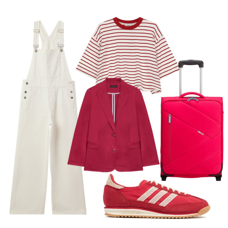 Outfit donna - In viaggio comode. Stile Casual per Tutti i giorni. Abbinamento con salopette, t-shirt, blazer, sneakers, valigie.