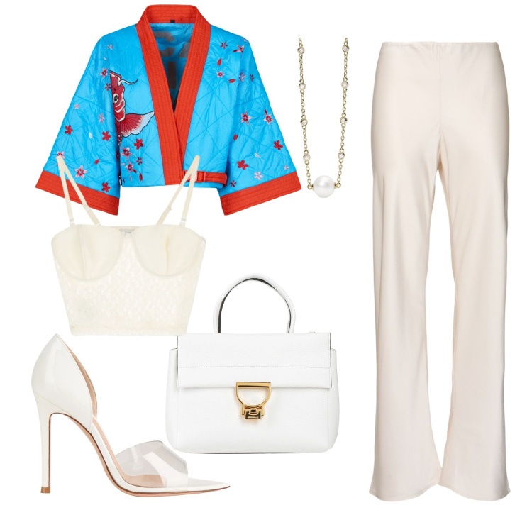 Outfit donna - White. Stile Casual chic per Serata fuori. Abbinamento con décolleté, borse a mano, collane, top, kimono, pantaloni.