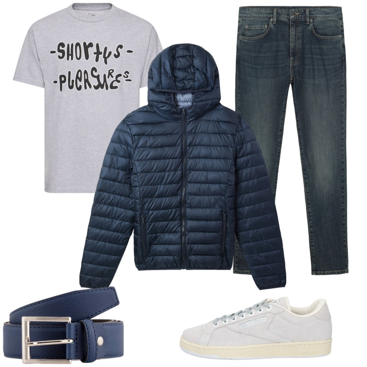 Outfit uomo - Semplicemente primavera. Stile Urban per Tutti i giorni. Abbinamento con sneakers, piumini, t-shirt, cinture, jeans.