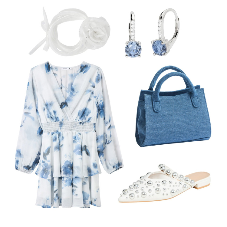 Outfit donna - Blue. Stile Casual chic per Tutti i giorni. Abbinamento con ballerine, collane, vestiti, borse a tracolla, orecchini.