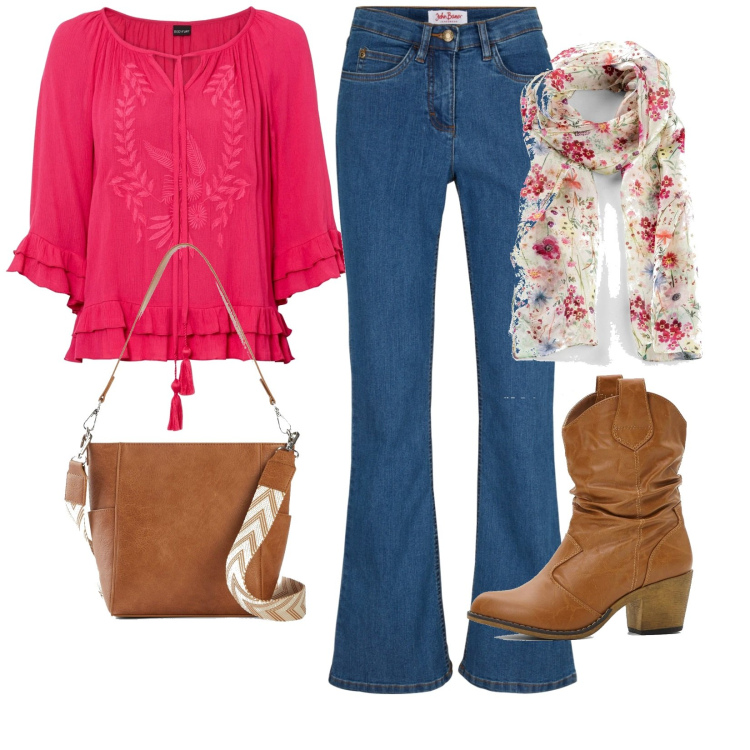 Outfit donna - Colori e fantasie. Stile Boho per Tutti i giorni. Abbinamento con tuniche, jeans bootcut, foulard, stivaletti texani, borse a tracolla.