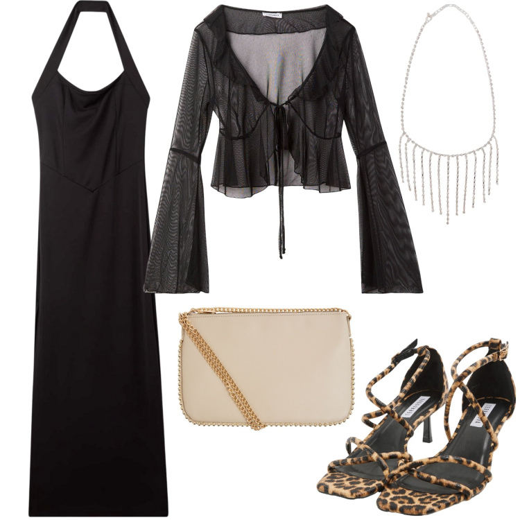 Outfit donna - Terranova occasione speciale. Stile Sexy per Serata fuori. Abbinamento con vestiti lunghi, bolero, sandali col tacco, borse a tracolla, collane.