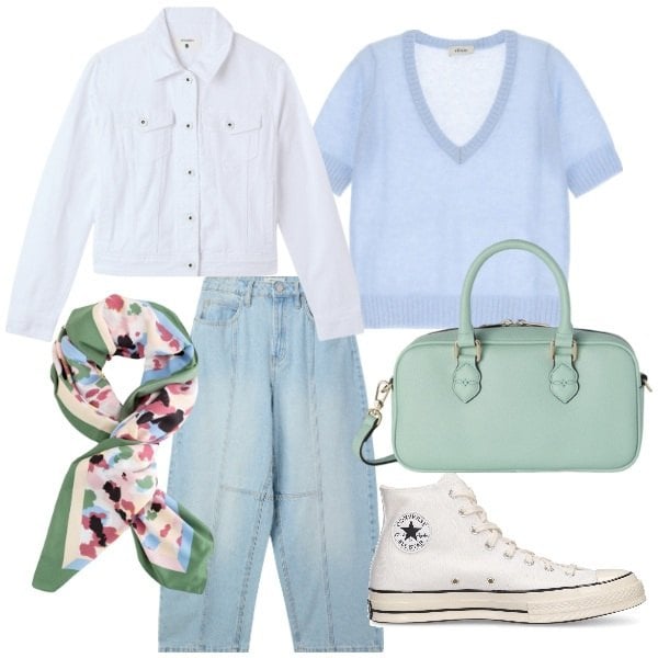 Outfit donna - Azzurro. Stile Casual per Tutti i giorni. Abbinamento con jeans, blazer, maglieria, sneakers, foulard, borse a mano.